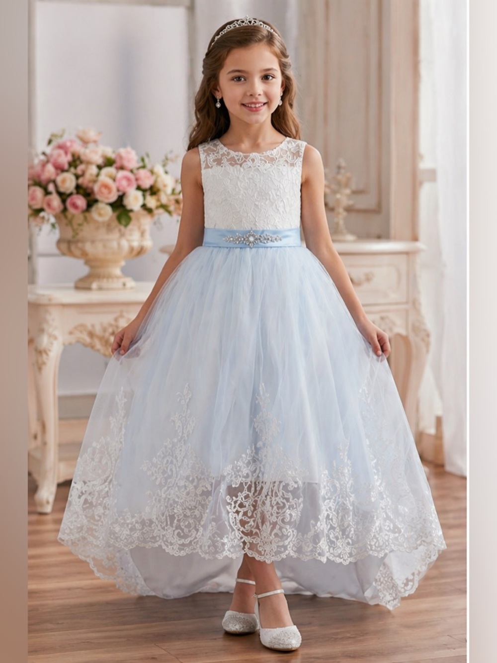 Shein Pageant Formal Dress Girl EU130/USA8/10 Light Blue & White Tulle Sequins